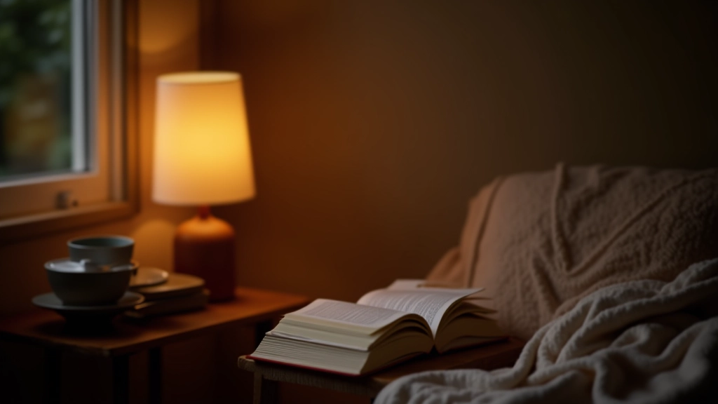 Cosy reading nook with warm lamp, stack of books, and hot beverage on a winter evening