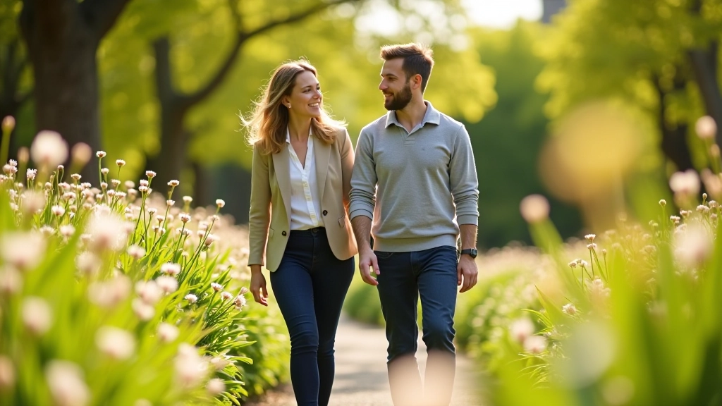 Group of people walking together in a spring garden with blooming flowers and green growth