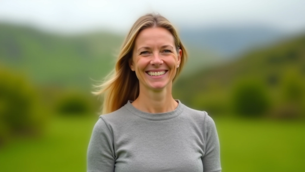 Wellness coach in outdoor Irish setting with green landscape, professional attire, warm welcoming expression